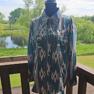 Blue and White Patterned Button-Up Shirt